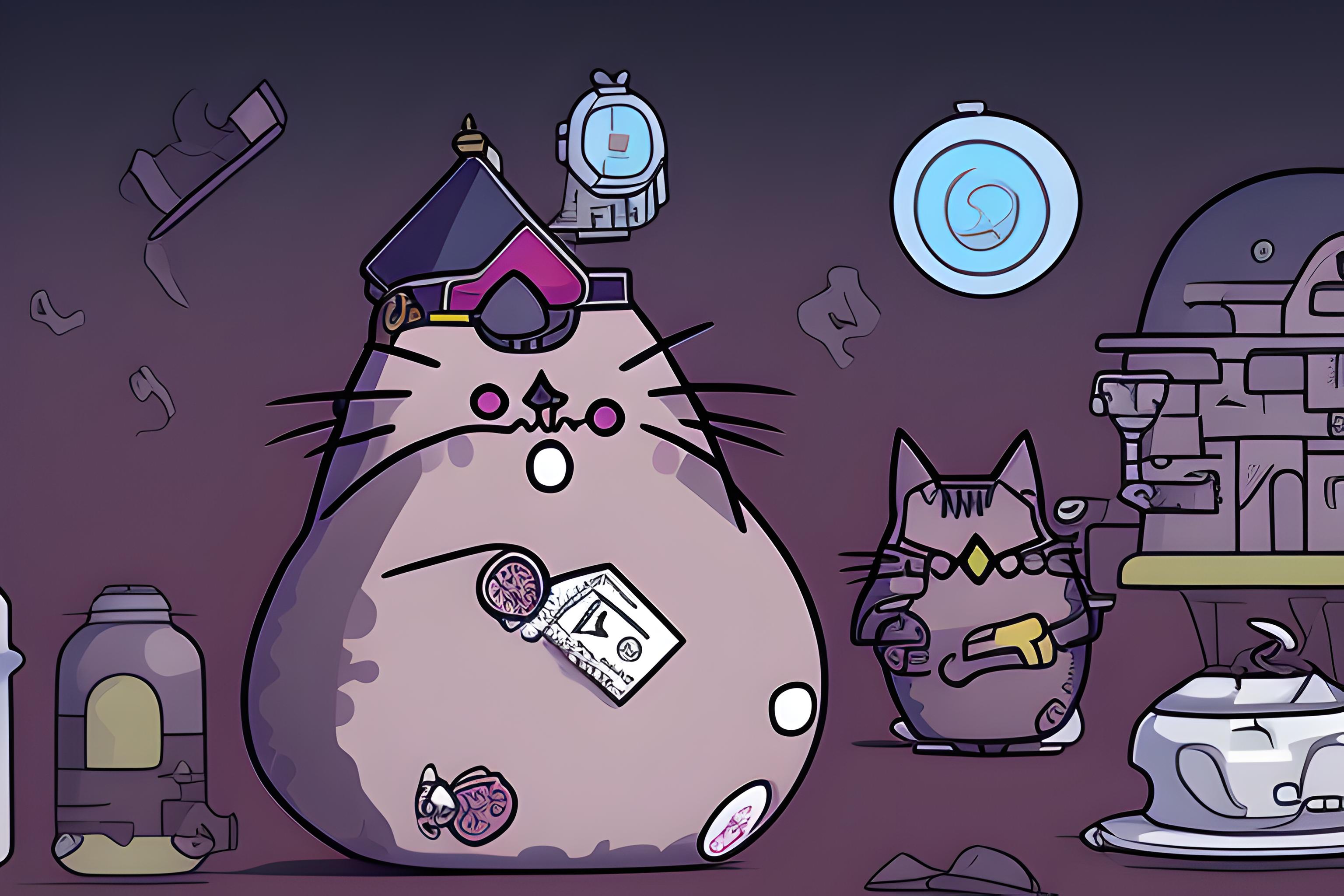 kot pusheen ubrany cały na czarno jak gangster trzymający nóż w ciemnej uliczce nowego jorku